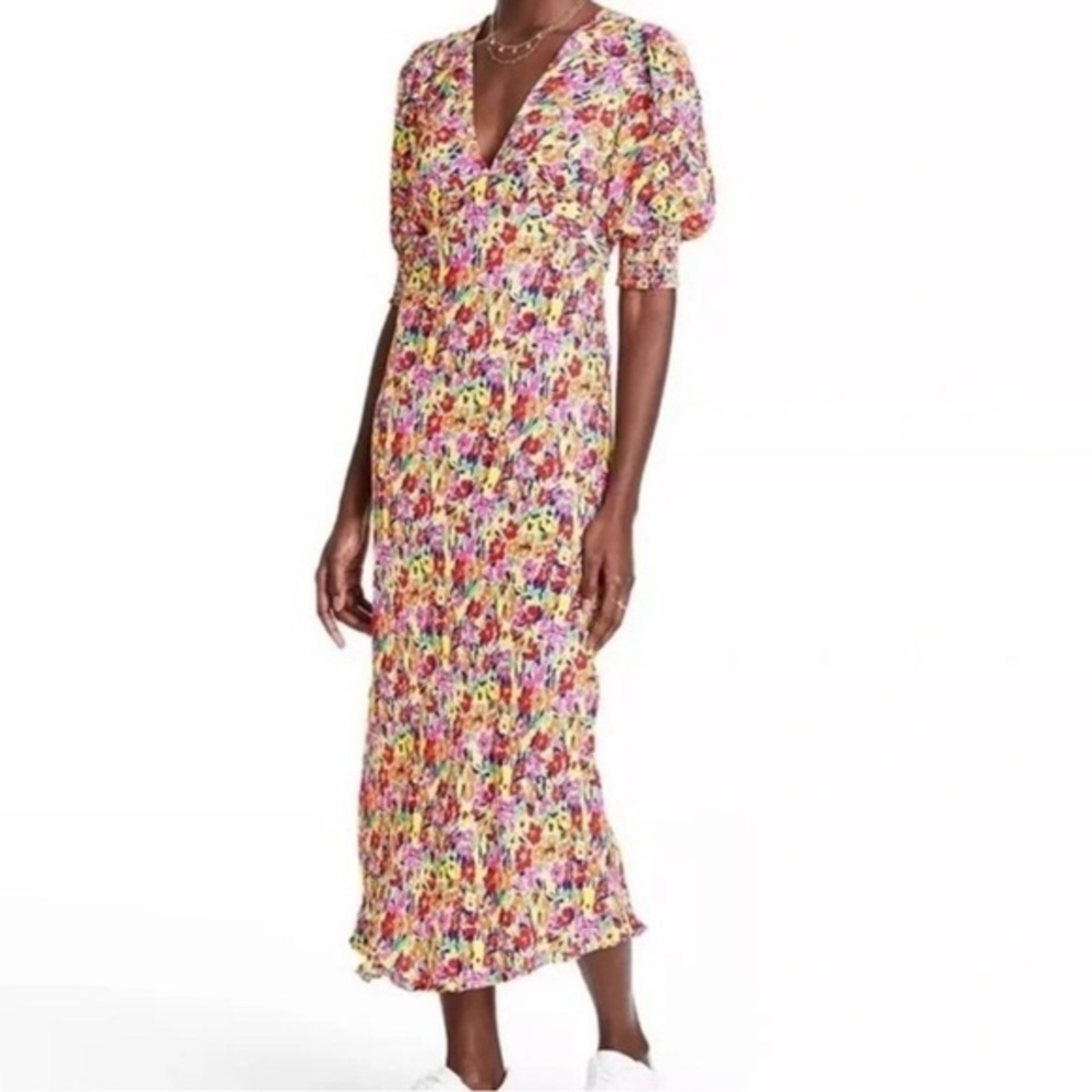 RIXO Multicolor Floral Puff Sleeve Midi Dress Size 0